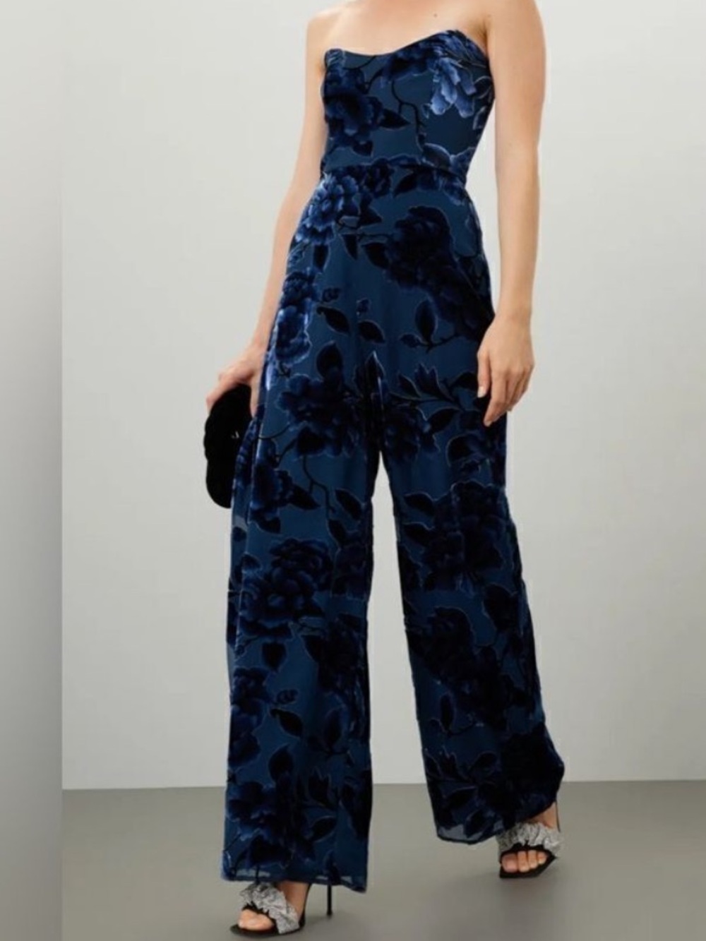 Hutch Sonnie Wide Leg Jumpsuit Floral Blue Velvet Formal Strapless Corset Sz 16 - Picture 2 of 11
